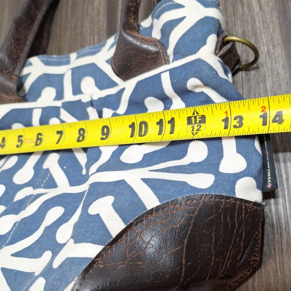 Rebekah Scott Designs Blue White Geometric Canvas Tote Bag Brown Faux Leather - Picture 7 of 9